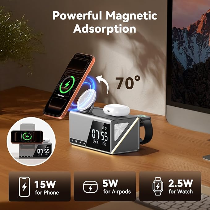 4URPC 6-in-1 Alarm Clock Wireless Charging Station for Apple Multiple Devices,MagSafe Charging Dock for iPhone 17/16/15/14/13 Series, Apple Watch, AirPods,Wireless Charger with Night Light/Alarm Clock