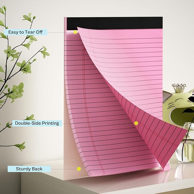 360 Sheets Pink Legal Pads 8.5" x 11" Pack of 12 Note Pads Wide Ruled Lined Paper with Micro-Perforated Writing Notebook 30 Sheets per Pad To-Do List Notepad for School, Office & Home Supplies
