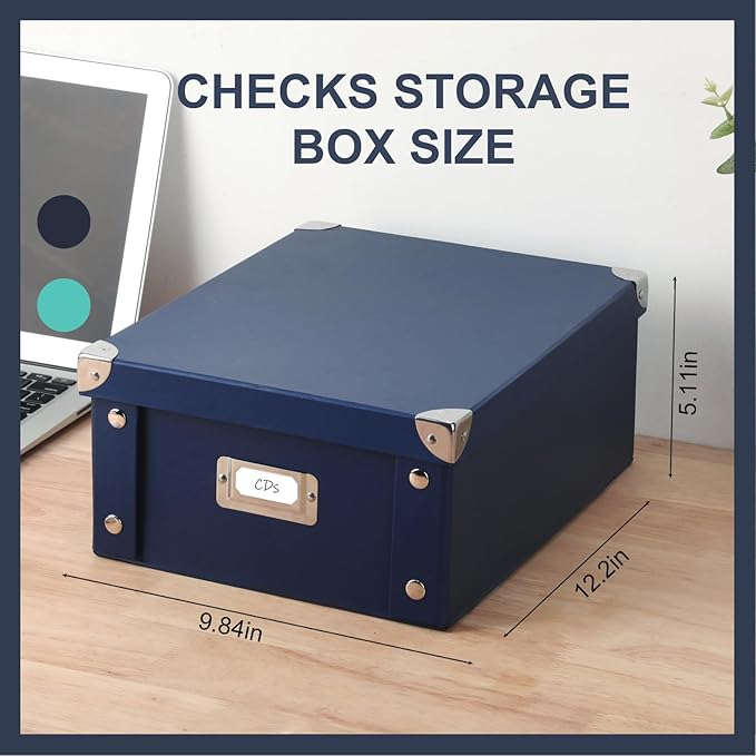 DLUGOPIS Checks Storage Box with Lid Document Boxes Banker Boxes Document Bin Foldable Cardboard Record Boxes For Business Pesonal Orangize Files 12"x10"x5"(Navy Blue, 1 pcs)