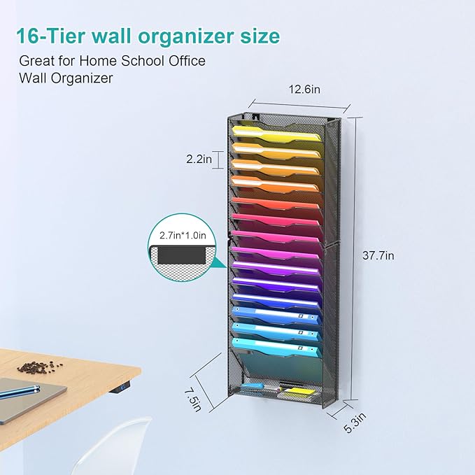 VEESUN Wall File Organizer, 16-Tier Mesh File Holder, Vertical Document Rack For Home, School, and Office Use (Black)