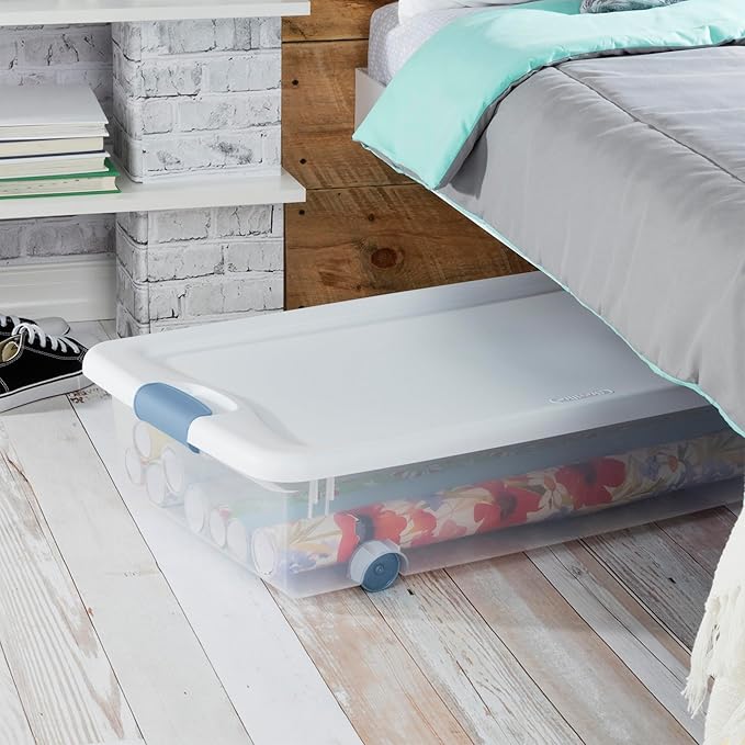 Sterilite 4-Pack Latching Box, Under Bed Storage Bins with Lids, Clear Plastic, 56 Quart - Heavy-Duty Organizing Containers for Closet, Bathroom, and Office