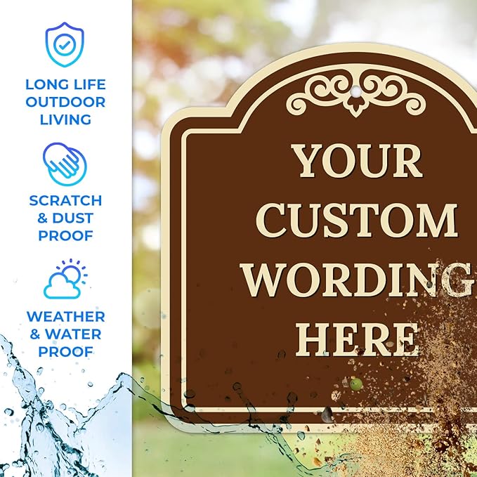 Custom Decorative Sign, Personalized Metal Sign for Business, Driveway, Home, Airbnb, Office Door Plaque, Brown Background Sign, 18x18 Inches, ACM, Fade Resistant, Made in USA by Sigo Signs