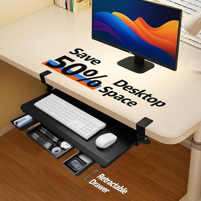 OUKMIC Large Keyboard Tray Under Desk Slide Out with Sturdy C-Clamp Mount and Storage Drawer, 27" (31" Including Clamps) x 12" Ergonomic Keyboard Trays for Home and Office, Black