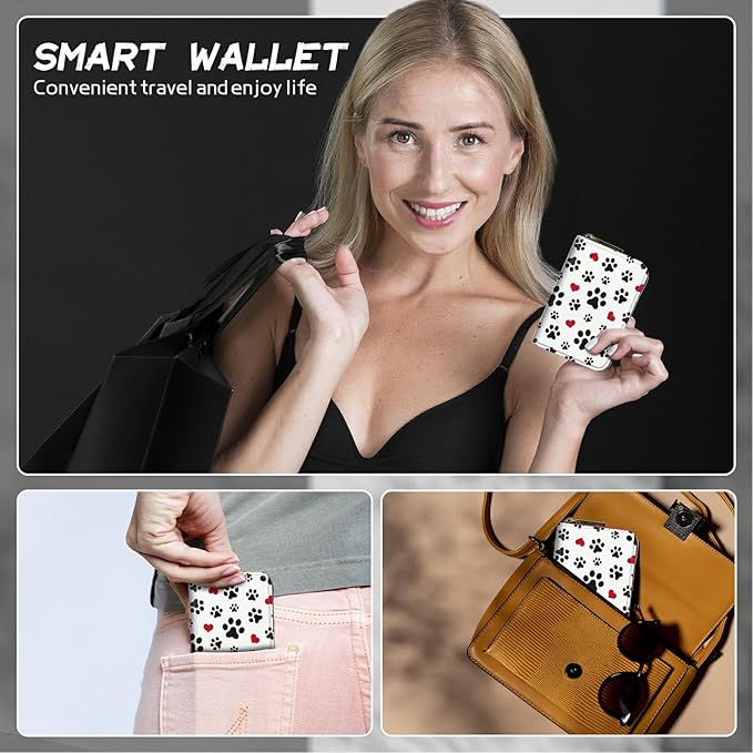 BWEGRHE Cute Credit Card Holder with Zipper, Cute Dog Paw Prints RFID-Blocking Card Case Small Wallet for Women Men, Multi-slot Card Organizer Case Travel Accordion Wallet
