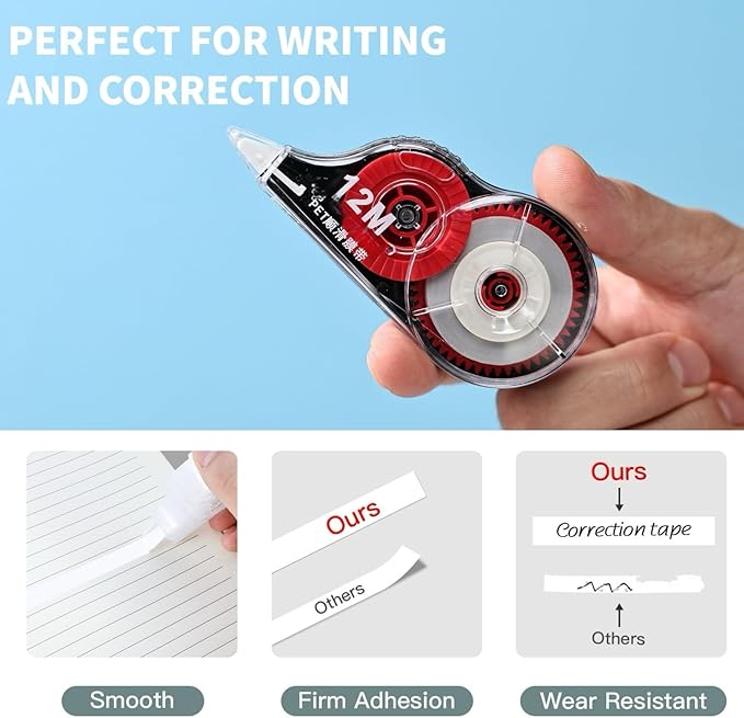 WISOPTUS 39.37ft Correction Tape with Dispenser, 6-Count Pack, Fast, Clean, Opaque and Easy-to-Use Tear-Resistant Correction Tape Bulk Office School Supplies, Blue, Red, Gray