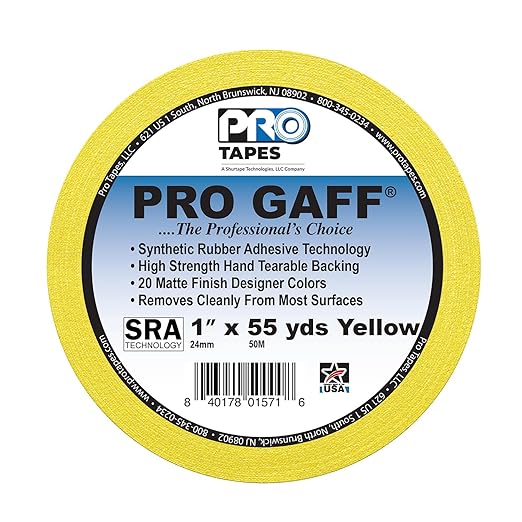 1" Pro Gaff Gaffers Tape 55 yards length yellow matte. Premium Heavy-Duty Gaffers Tape trusted by professional Gaffers. Made in the USA. Holds Tight, Easy to remove. (Pack of 48)