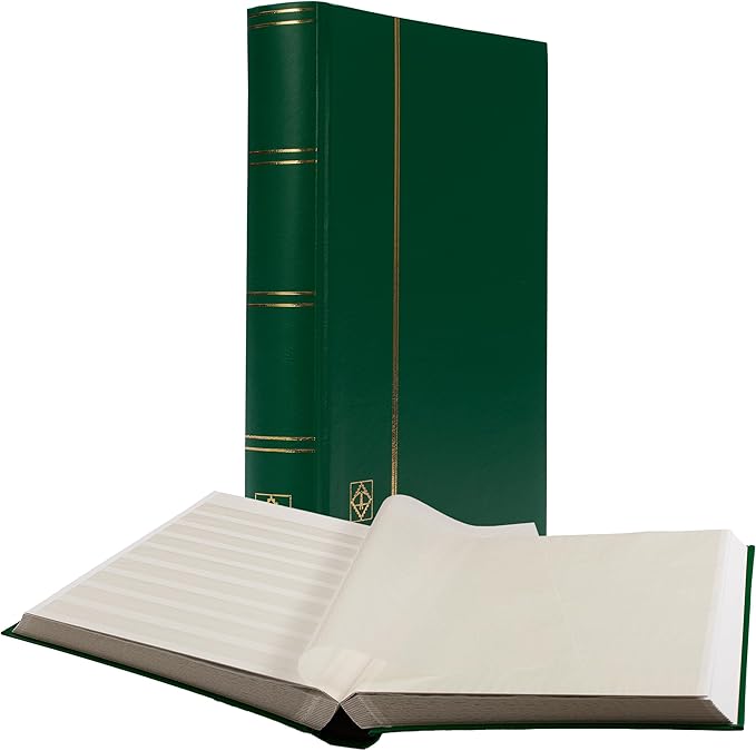 LIGHTHOUSE – “BASIC” Hard Cover Stockbook for Stamps - 64 White Cardstock 9”x12” (A4) Pages with Glassine Strips and Double Linen Hinges - Green