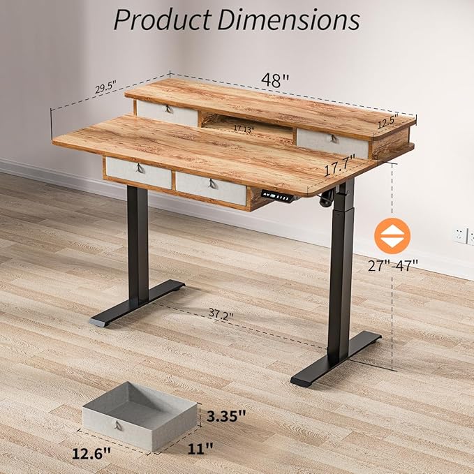 Kingant 48 x 30 Inch Electric Standing Desk with 4 Drawers, Adjustable Height Computer Desk for Home Office, Large Workstation Sit Stand Up Desk with Built-in USB A/C Ports, Light Rustic Brown