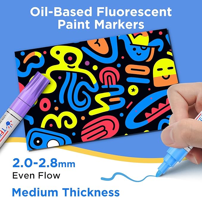 TFIVE Fluorescent Paint Markers, 8 Colors Neon UV Paint Pens for Blacklight - Oil-Based, Medium Tip, Waterproof Permanent Marker Pens for Rock Painting, DIY Art Crafts, Scrapbooking, Glass Windows
