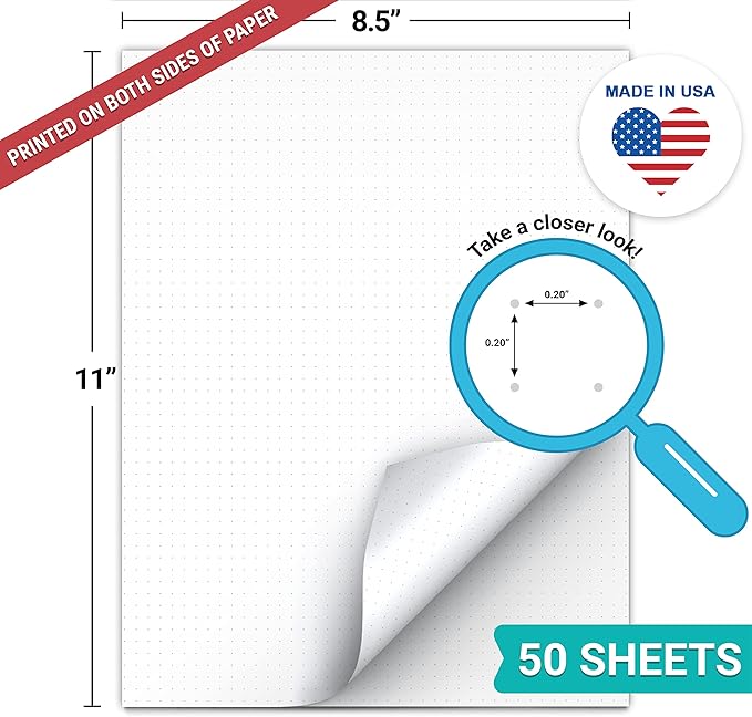 321Done Double Sided Dot Grid Paper Notepad, 0.20" Grid, 8.5x11, Made in The USA, Two Sided Dots Graph Pad for Sketching, Planning BUJO Bullet Journaling (50 Sheets) Thick Heavy White Paper