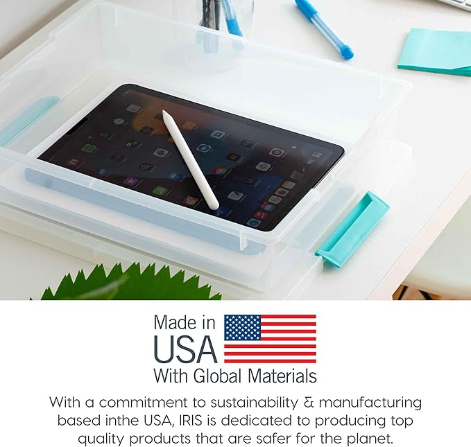 IRIS USA 6 Qt. Storage Bins with Lids, 4-Pack, |Made in USA|, Small Plastic Craft Container Sensory Totes for Art Supplies, Paper, and Office, Stackable - Clear
