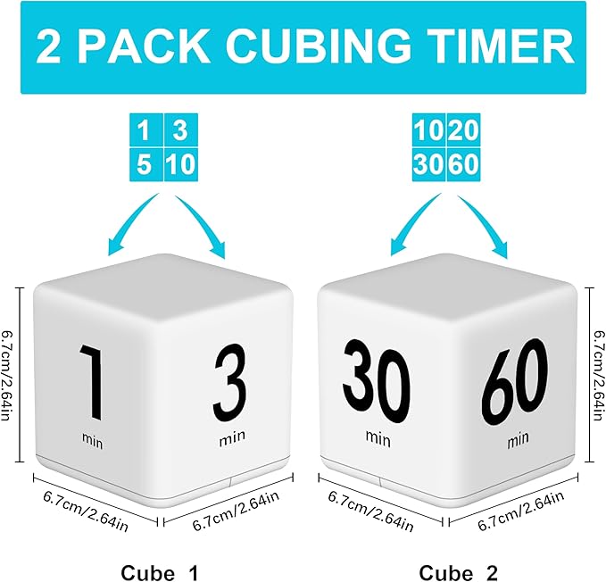 JOYIT 2 Pcs Cube Timer Set - 2.6 Inch Gravity Sensor Flip Digital Timers for Countdown and Time Management, Featuring 1-10 Minute and 15-60 Minute Settings for Kids and Adults