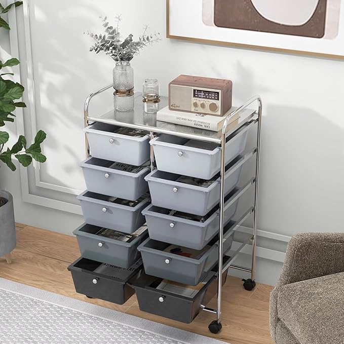 LDAILY 10 Drawer Rolling Cart, Storage Cart Organizer on Wheels, Drawer Cart with Metal Frame & Large Storage Capacity, Rolling Cart with Drawers for Living Room Classroom, Office