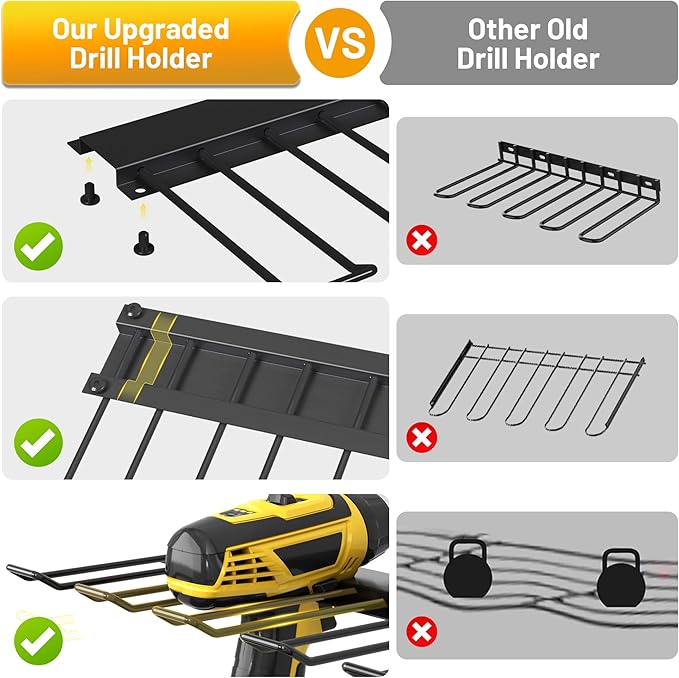 CFMASTER 4-Layer Wall-Mounted Power Tool Organizer Rack,Heavy Duty Adjustable Shelves Organizer for Cordless Power Tool Batteries,Space-Saving Garage & Workshop Charging Station 8 Outlets Power Strip
