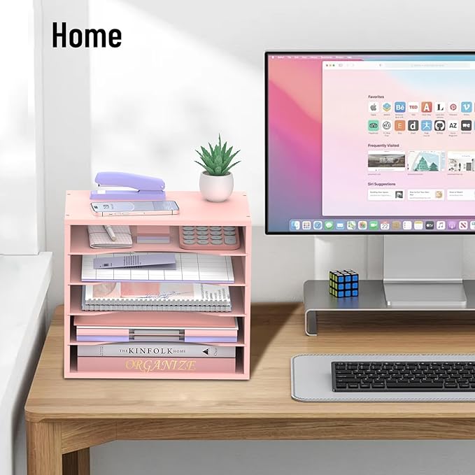 SHARKWOODS 5-Tier Wood Desk Organizer, Paper Tray Organizer for Desk with Adjustable Storage Shelves, Desktop File Organization Paper Sorter Mail Holder for Office Home Classroom, Pink