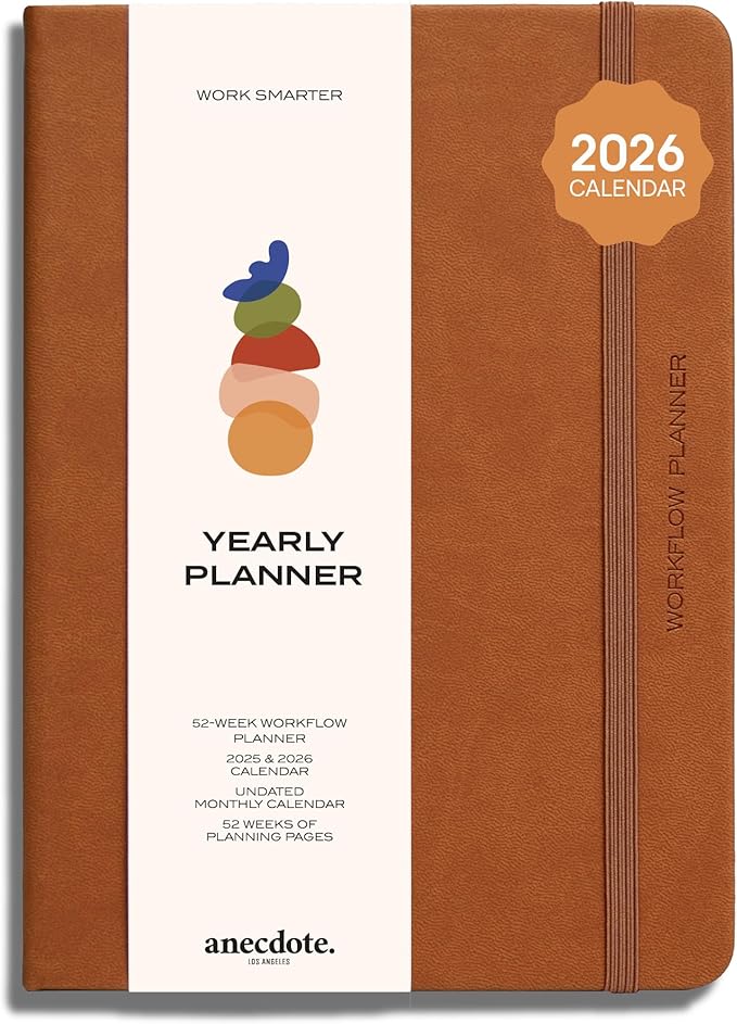 Anecdote 2026 Planner: 52 Week Daily Planner, Yearly, Monthly & Weekly Workflow for Planning Your Success – Vegan Leather Hardcover, Start Anytime & Achieve your Goals - Camel