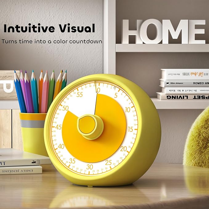 Visual Timer 60-Minute Countdown Timer with Optional Alarm, Focus Tool for ADHD & Autism, Time Management for Homework, Chores, Office, Kitchen, Teaching & Study Routines (Yellow)