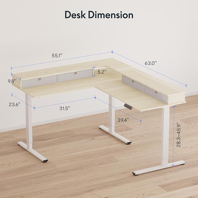 FLEXISPOT 63" L Shaped Standing Desk with Shelf Electric Corner Table, Drawers, Adjustable Computer Workstation for Home, Office, 63x55in, Light Maple Top + White Frame