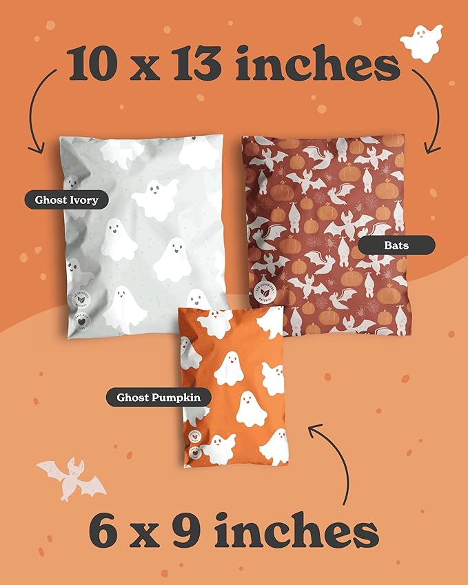 Poly Mailers 10 x 13 Inch- 100 pack Biodegradable Shipping Bags for Clothes - Impack Self-Seal Waterproof Thick Mailing Envelope for Accessories & Clothing - Halloween Bats