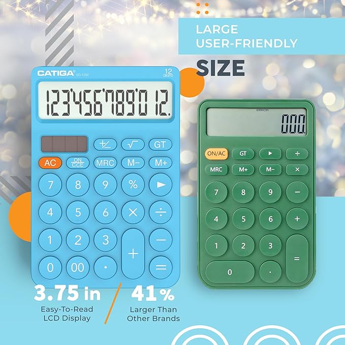CATIGA 12 Digit Desktop Calculator Basic Desk Calculator with Large LCD Display, Big Buttons, 4 Function, Solar and Battery Dual Power, for Office, School, Home, SD-1292 Blue