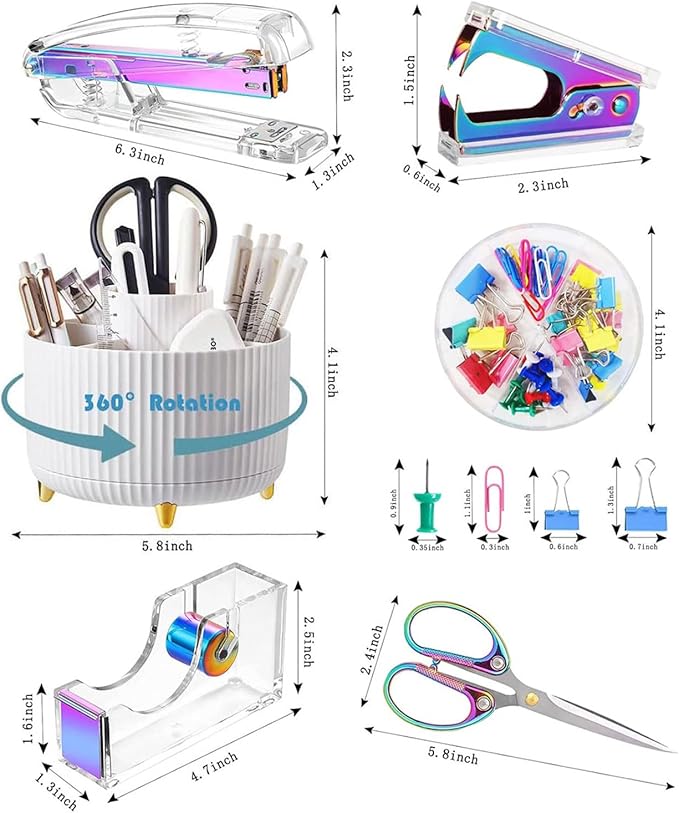 Gawsey Desk Organizers and Accessories Set with 360-Degree Rotating Pen Holder, Acrylic Stapler, Tape Holder, Staple Remover, Binder/Paper Clips Kit, Scissor and 1 Box of Staples