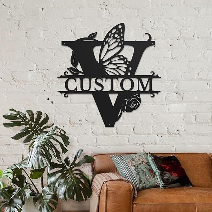 Personalized Custom Letter Name metal Signs,Custom Black Letter Monogram Wall Art Decor,Metal Signs Plaques Outdoor wall Decorative Signage (V)
