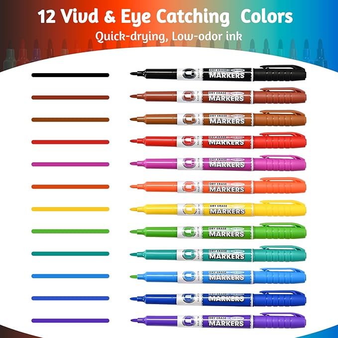 SUQJOY Dry Erase Markers, Bullet Tip Whiteboard Markers, Low Odor Thick Dry Markers, 12 pack Assorted Colors for Kids/Teachers (12 Count 12 Colors)