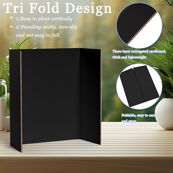 AKONEGE 12Pcs Medium Trifold Poster Board, 26" x 16" Black Corrugated Cardboard Tri Fold Poster Boards for School Projects, Presentations, Science Fair, Photo Display, Art Exhibition
