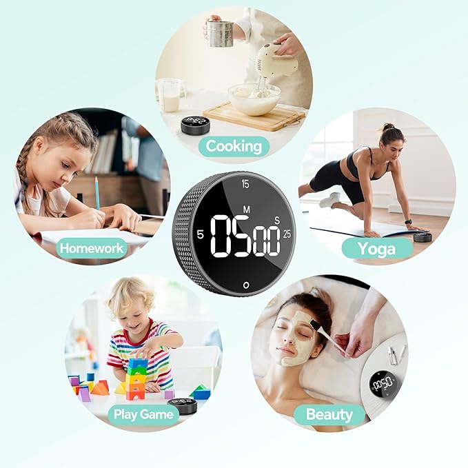 Allbean Digital Kitchen Timer, Large Display Magnetic Countdown Countup Timer, 3 Preset Times (5, 15, 25),Volume & Brightness Adjustable for Cooking Classroom Studying, Easy for Kids (Black,2Pcs)