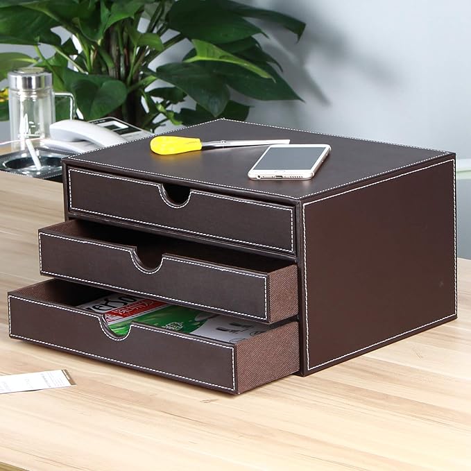 RHCSZ Stackable 3-Drawer Desk Organizer, Executive Office Supplies Desktop Filing A4 File Cabinet/Holder, Leather Storage Box for Document/Paper/Home Decor Accessories (brown)…