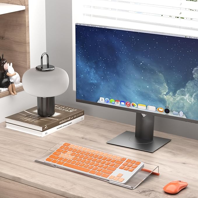 BEEGO Ergonomic Computer Keyboard Stand - Clear Acrylic Keyboard Riser Tilted Keyboard Holder Keyboard Tray with Orange Non-Slip Strip for Easy Typing at Home School Office Desk Accessories