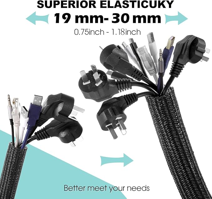 AGPTEK Cable Sleeve Cover, 6.6ft - 1.2 inch Desk Cord Organizer Cable Hider, Home Office Wire Management Computer TV Wire Loom Tubing, Pet Proof Cord Protector, from Cat Dog Chewing, Black