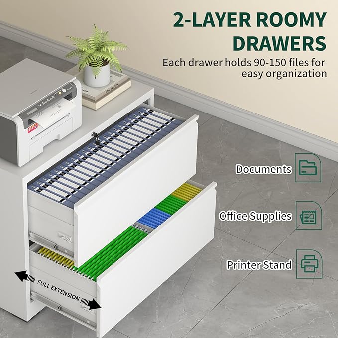 2 Drawer Lateral File Cabinet with Lock, Metal File Cabinets for Home Office, Office Furniture for Organization Hanging Legal/Letter/A4, Metal Filing Cabinet Storage Cabinet, Require Assembly, White
