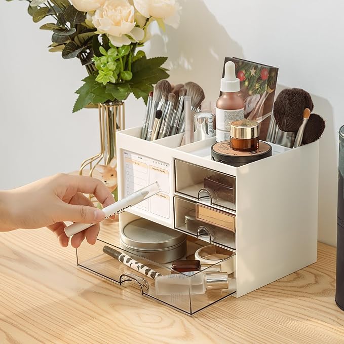 QIYVLOS Desk Organizer with 3 Drawer, Multi-Functional Pencil Pen Holder for Desk, Desk Organizers and Storage with 8 Compartments, Desktop Organizer for Office Home Art Supplies (White)