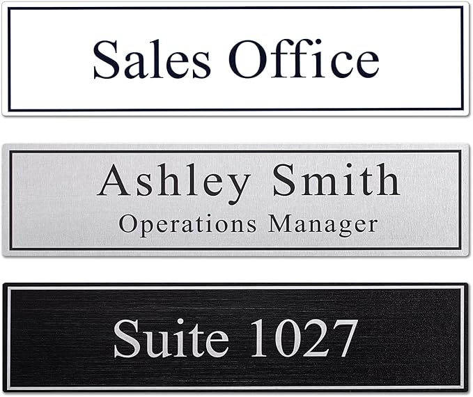 2" x 8" Personalized Office Aluminum Name Plates, Custom Elegant Name Plates for Office Door or Wall Sign, Door Name Plate with Adhesive, 3 Colors Available (Silver, Black, White)
