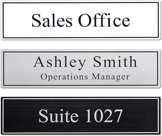 2" x 8" Personalized Office Aluminum Name Plates, Custom Elegant Name Plates for Office Door or Wall Sign, Door Name Plate with Adhesive, 3 Colors Available (Silver, Black, White)