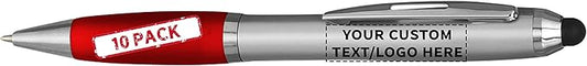 DISCOUNT PROMOS Custom Stylus Ballpoint Pens Set of 10, Personalized Bulk Pack - Black Ink, Great for Office, School, Business, Tradeshows, Events - Red