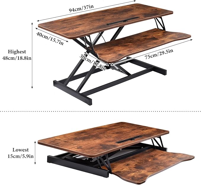 37 Inch Standing Desk Converter - Manual Pneumatic Spring, Two Monitor Stable Standing Desk Converter, 5.9"to18.8"Height Adjustable Laptop Workstation With Keyboard Tray For Home, Company(Tiger Brown)