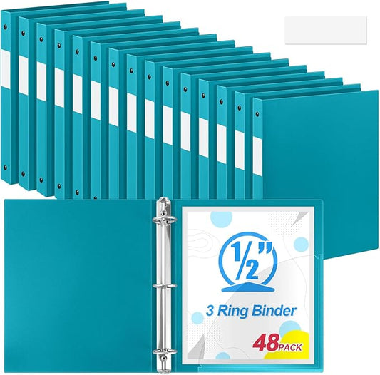 Henoyso 48 Pcs 3 Ring Binder 0.5 Inch Round Fits Letter Size 8.5'' x 11'' Paper Plastic Flexible Binder Bulk Holds 140 Sheets with 1 Pockets Versatile Organizer for Home Office School (Turquoise)