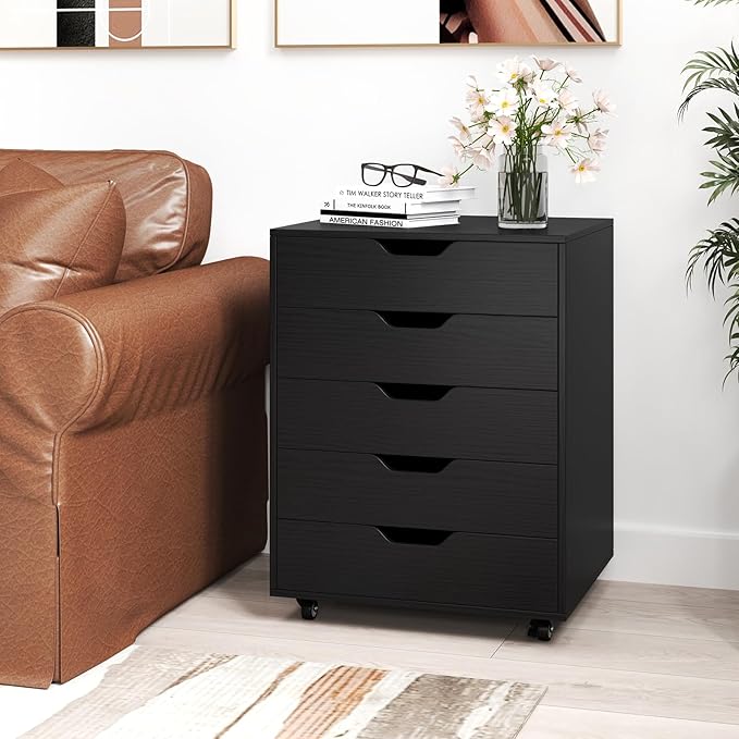 Giantex 5-Drawer Storage Cabinet, Mobile Lateral File Cabinet with Drawers, Wheels, Rolling Chest of Drawers, 19.5" x 16" x 25.5" for Office Under Desk Living Room, Study