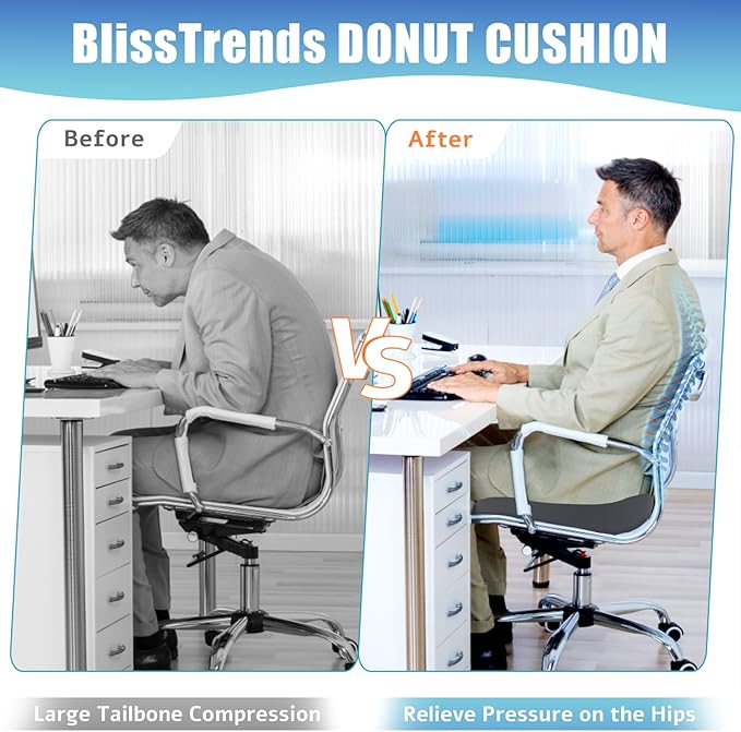 BlissTrends Donut Pillow Seat Cushion, Donut Chair Cushions for Postpartum Pregnancy & Hemorrhoids, Tailbone Pain Relief Cushion, Memory Foam Lifting Cushions for Office & Home Chairs (Grey, X-Large)