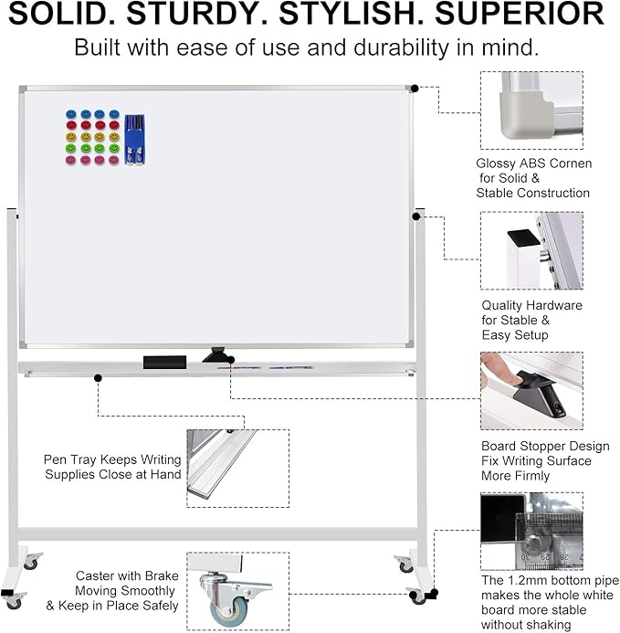 Max-officoo 60"x40" Mobile Whiteboard Double-Sided Magnetic Large Dry Erase White Board with Rolling Stand for Offices, Home & School