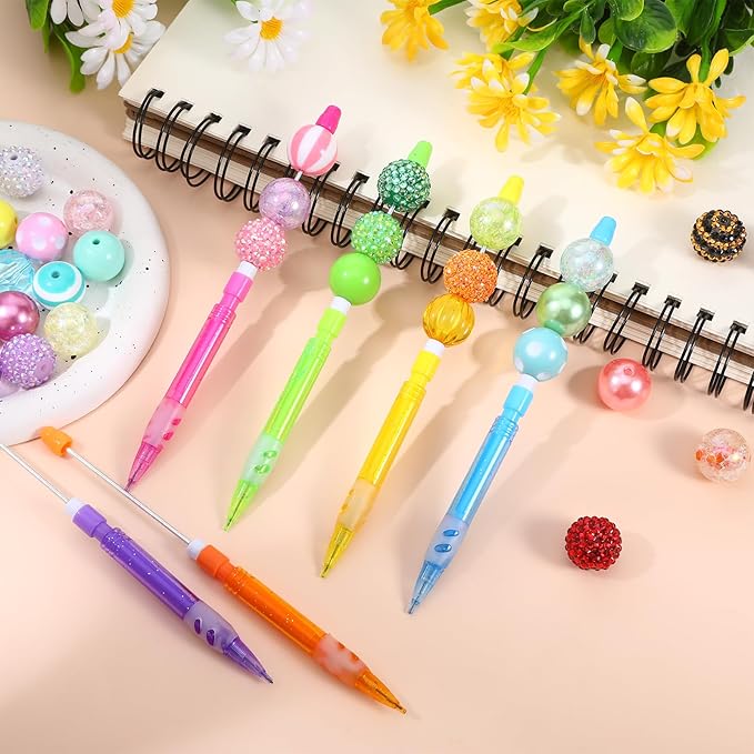 16Pcs Beadable Mechanical Pencils Bulk, Include 16 Beaded Mini Mechanical Pencil with 16 Lead Refills, Beadable Pencils with Silicone Hand Guard for Writing Drawing Sketching DIY Crafting (8 Colors)