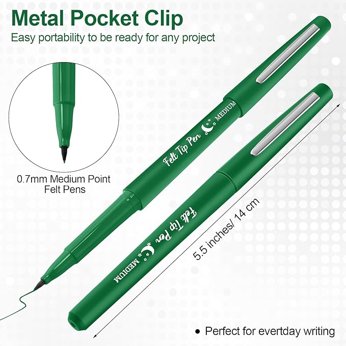 Fuyoooo 36 Pcs Felt Tip Pens 0.7mm Medium Point Colored Felt Tip Pens for Journaling Planner Writing Note-taking Art Office and School Supplies(Green)