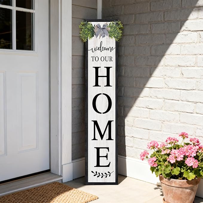 Double-sided Welcome to Our Home Wooden Sign Stand with Magnetic-adhesive Wreath for Front Door, 47" Vertical Farmhouse Welcome Porch Sign, 2in1 Large Tall Porch Leaner Decor for Outdoor Patio Garden