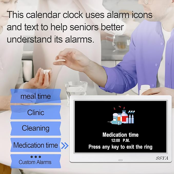 SSYA Dementia Clock for Seniors, Digital Clock with Date and Day of Week, Auto DST, Non-Abbreviated Large Calendar Alarm Clocks (White)