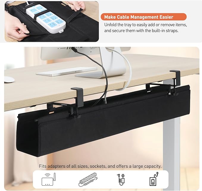 MAXECHO Under Desk Cable Management Tray 36" - Clamp on Wire and Cable Organizer for Storage and to Hide Cords - Ideal for Home Office - Premium Black Fabric Design
