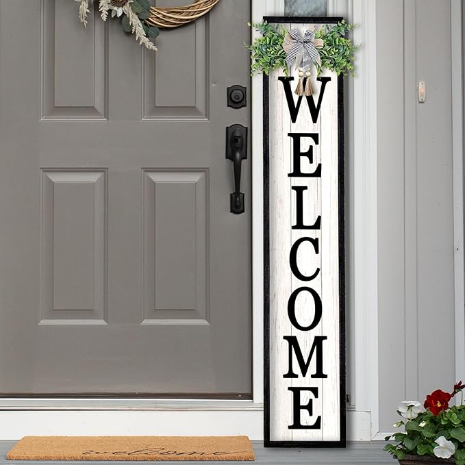 LuZhiQiang Front Porch for Welcome Standing Sign 45"X9" Vertical Tall Long Leaner Outdoor Front Door Wood Framed Decor (Black)