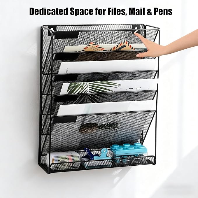 Vankcp 1 Pcs 6-Tier Magnetic File Holder, No Drilling Magnetic File Organizer, Black Large Capacity Wall File Holder for File Cabinets, Office, Whiteboard, Magnetic Mail Holder