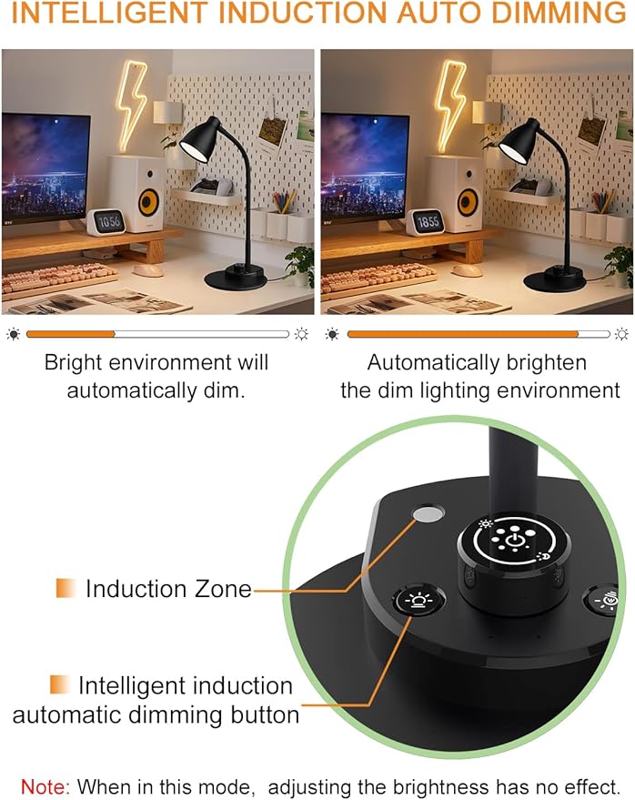 BOHON LED Desk Lamp with USB Charging Port 3 Color Modes Dimmable Reading Light Intelligent Induction Auto Dimming Task Lamp Neck Flexible Table Lamp for Bedside Office, AC Adapter Include